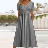 Women A Line Pleated Maxi Dress Summer Solid Color Plus Size Ruffles Long Dresses 2024 New Short Sleeve Holiday Sundress Robe